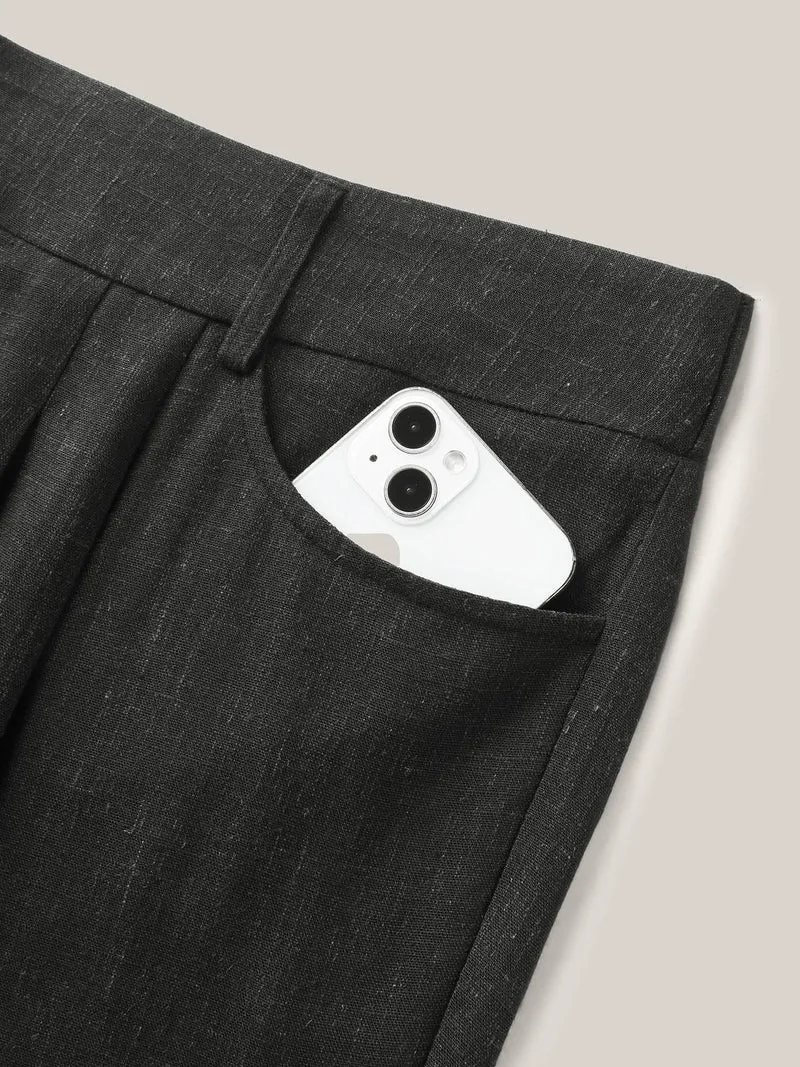 Rayon-Linen Pleated Straight-Leg Pants