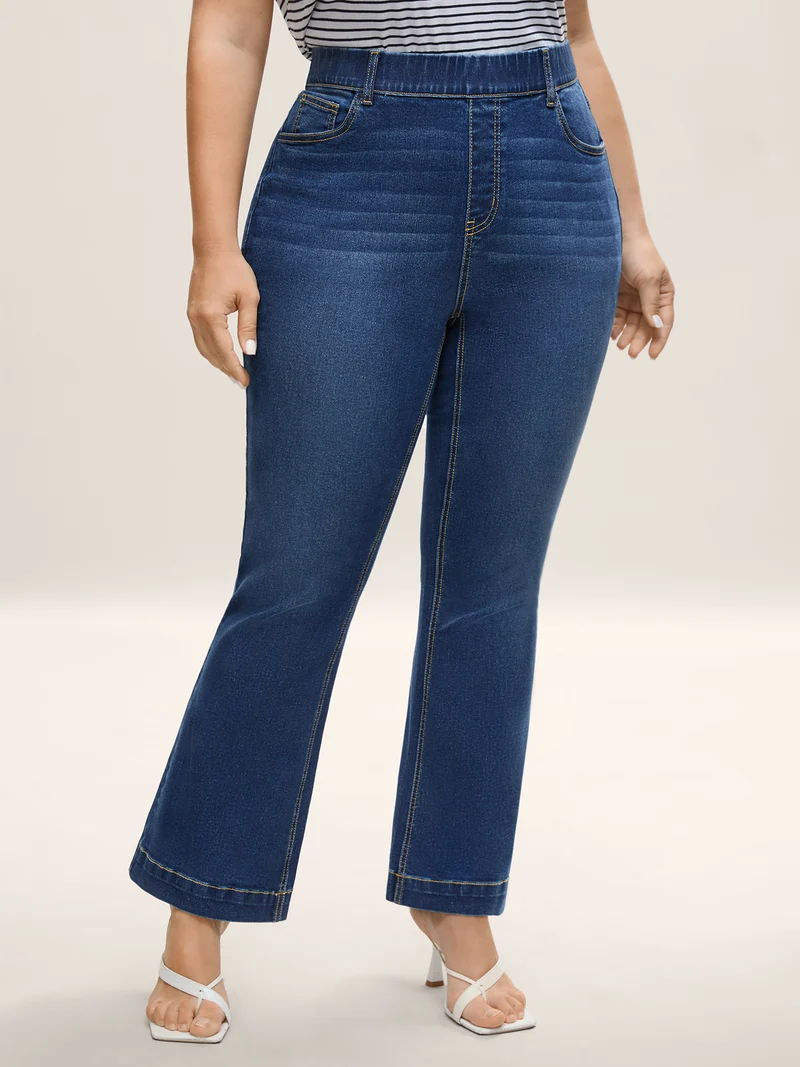 Stretchy Waist Whiskered Bootcut Jeans