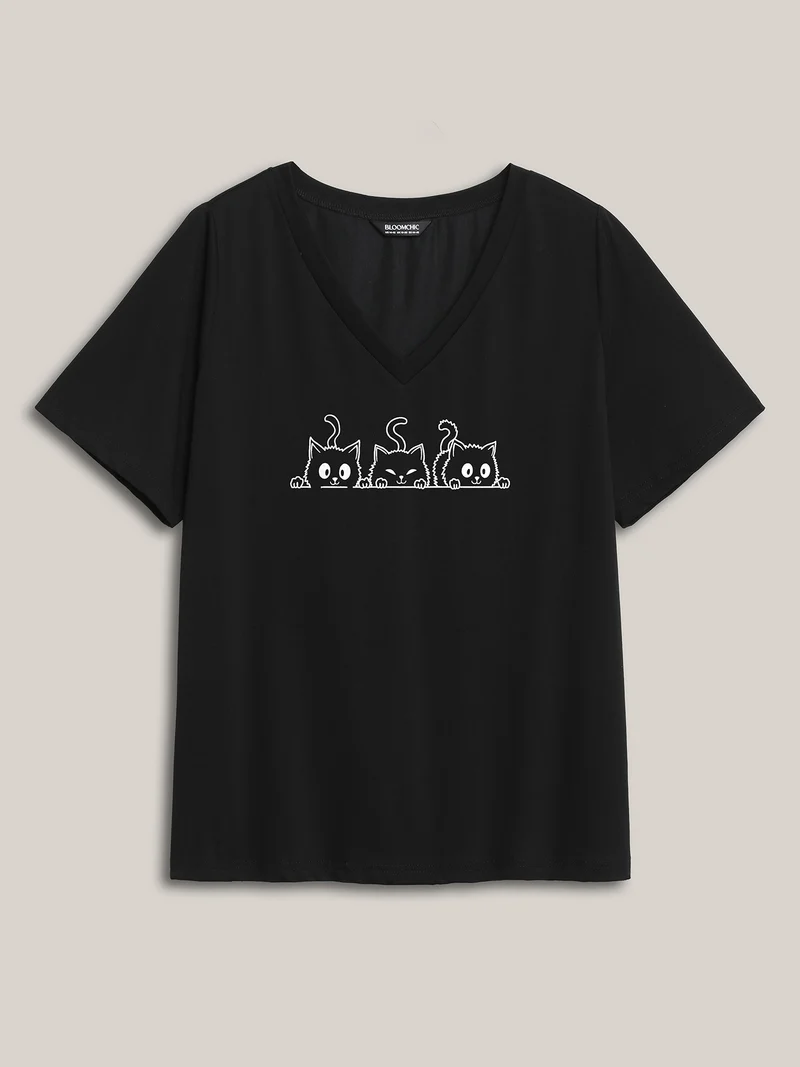 Curious Cats Pattern Crewneck T-Shirt