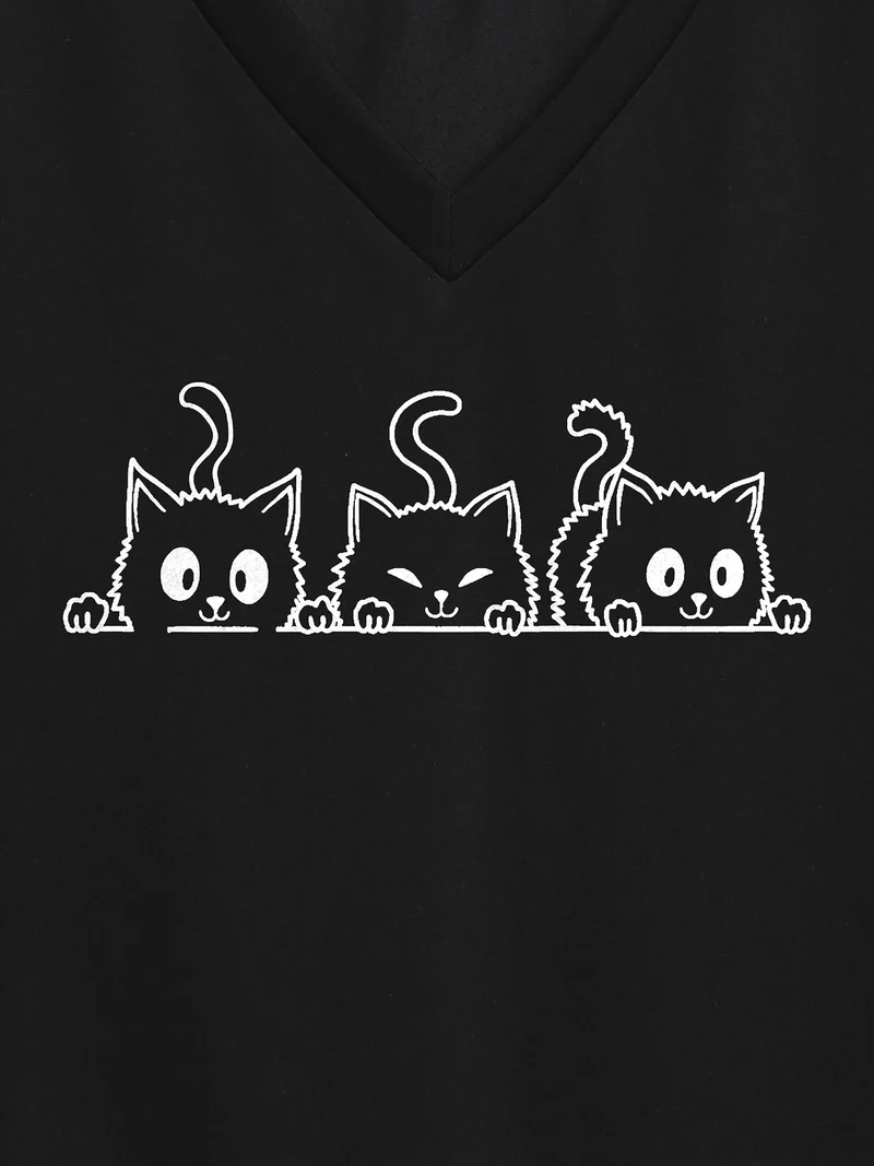 Curious Cats Pattern Crewneck T-Shirt