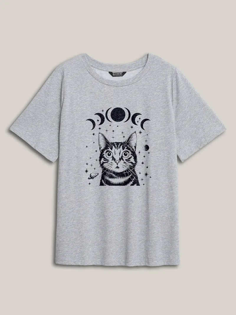 Celestial Cat Pattern Crewneck T-Shirt