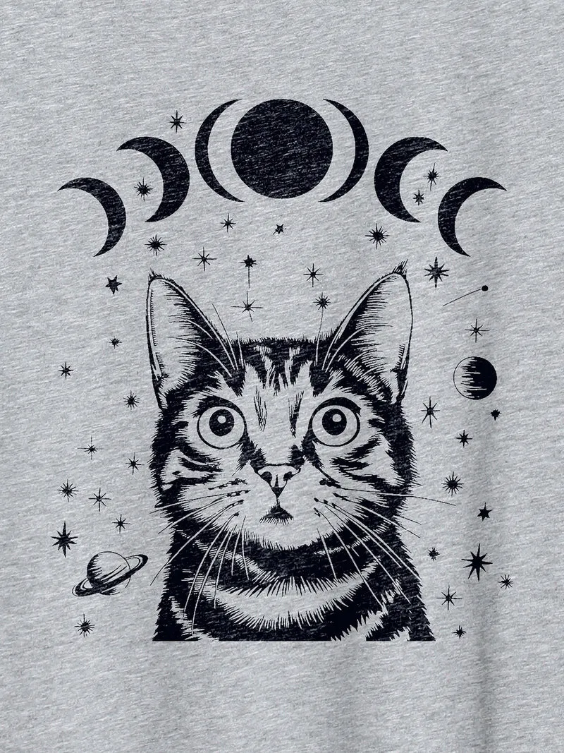 Celestial Cat Pattern Crewneck T-Shirt