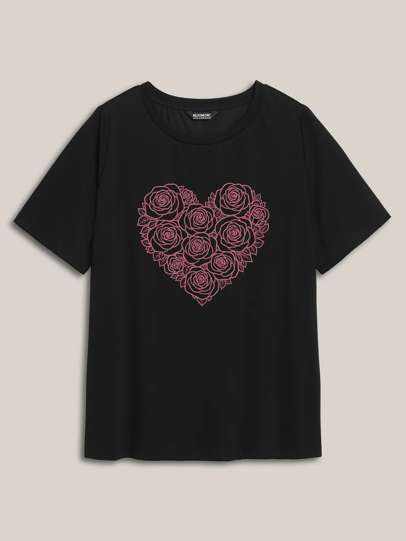 Rosy Heart Pattern Crewneck T-Shirt