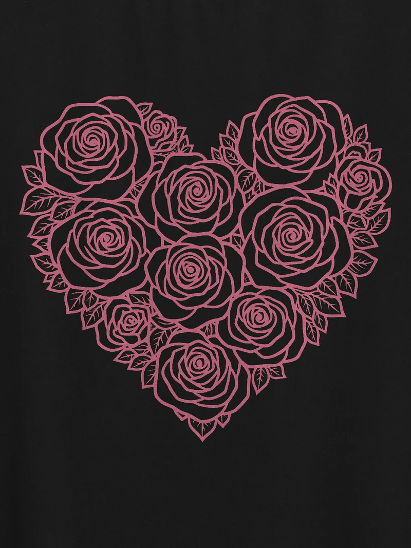 Rosy Heart Pattern Crewneck T-Shirt
