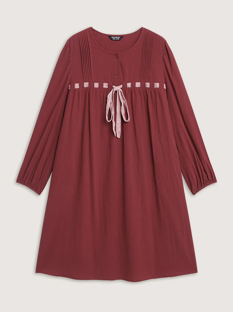 Cotton Webbed Stripe Button A-Line Midi Dress