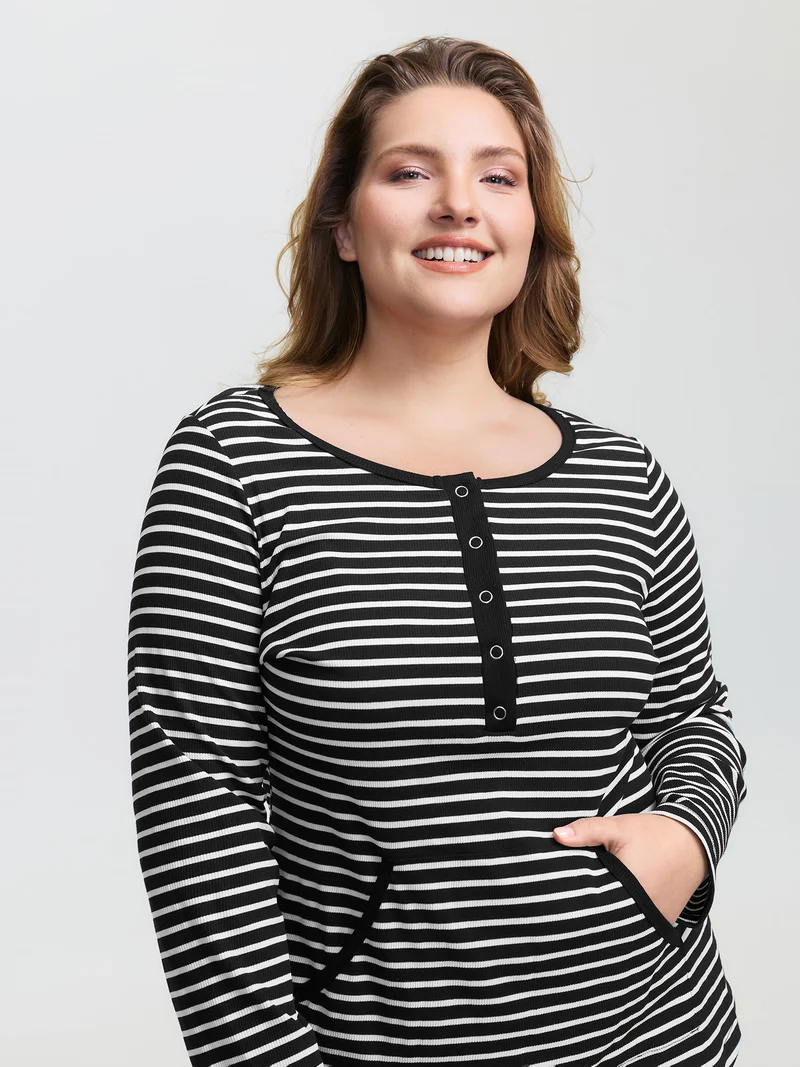 Striped Half-Open Placket Pockets T-Shirt