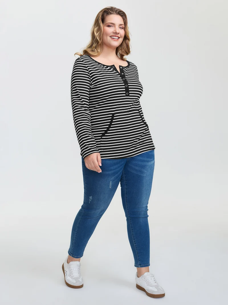 Striped Half-Open Placket Pockets T-Shirt