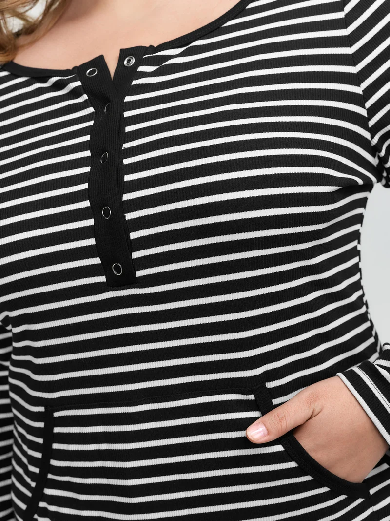 Striped Half-Open Placket Pockets T-Shirt