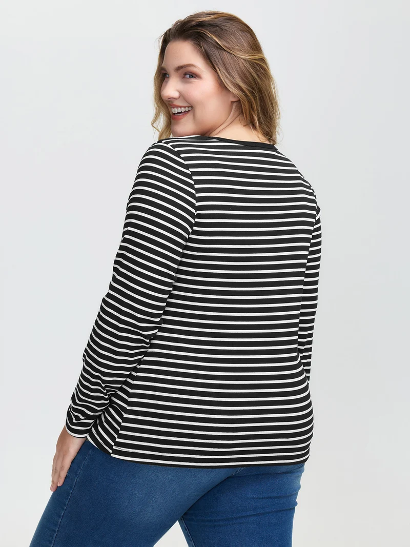 Striped Half-Open Placket Pockets T-Shirt