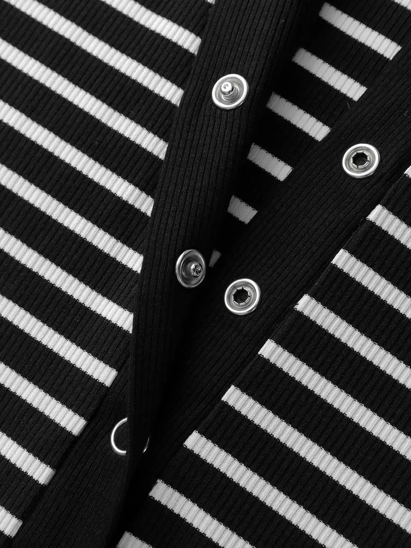 Striped Half-Open Placket Pockets T-Shirt