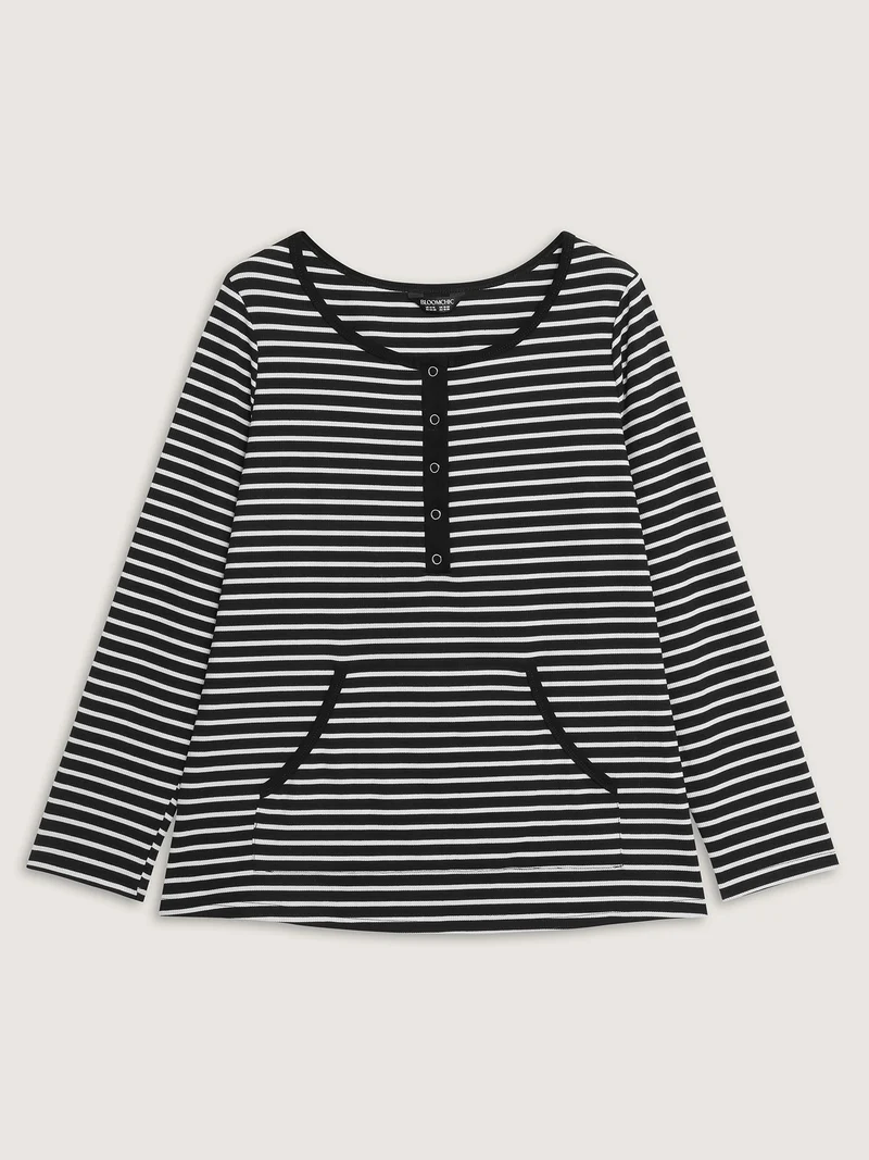 Striped Half-Open Placket Pockets T-Shirt