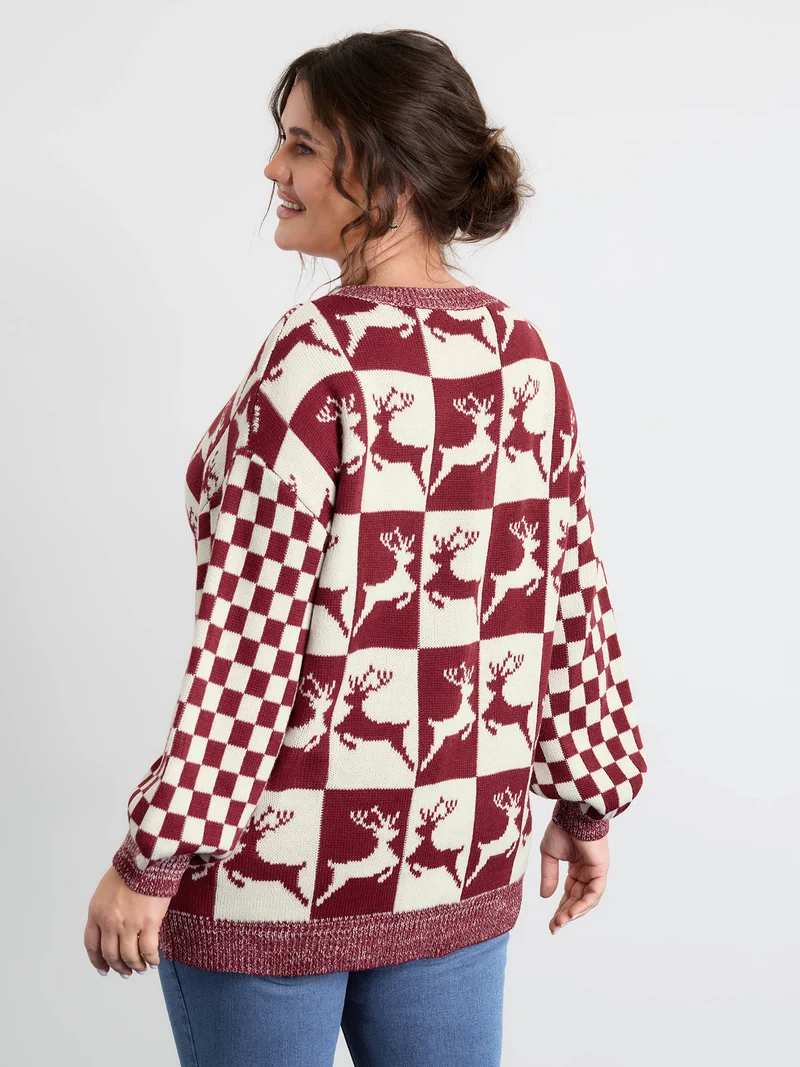 Checkered Colorblock Jacquard Reindeer Pullover