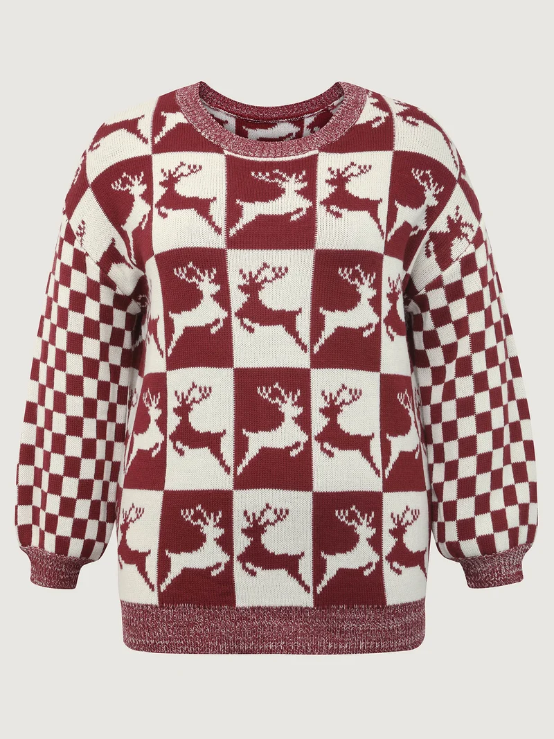 Checkered Colorblock Jacquard Reindeer Pullover