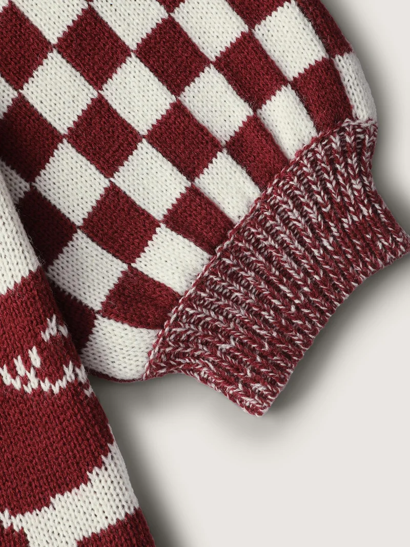 Checkered Colorblock Jacquard Reindeer Pullover