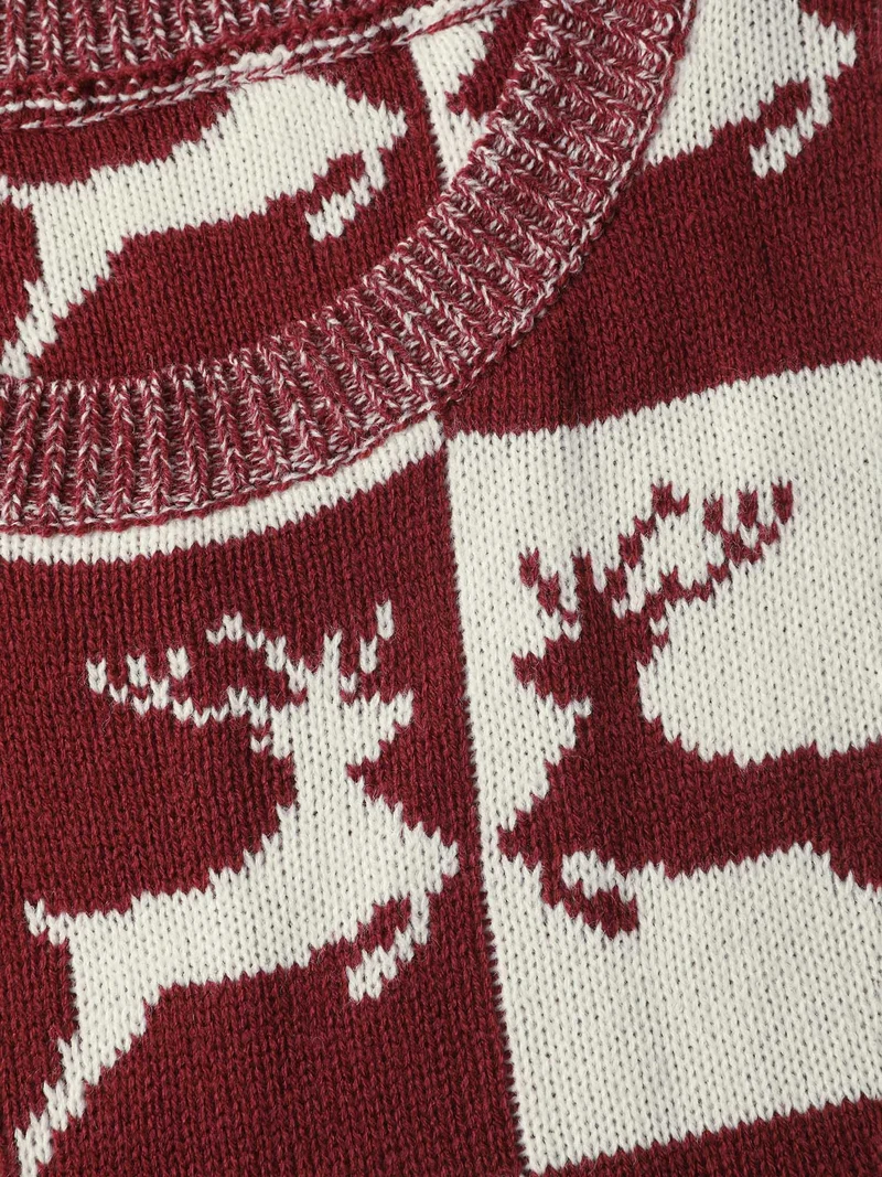 Checkered Colorblock Jacquard Reindeer Pullover