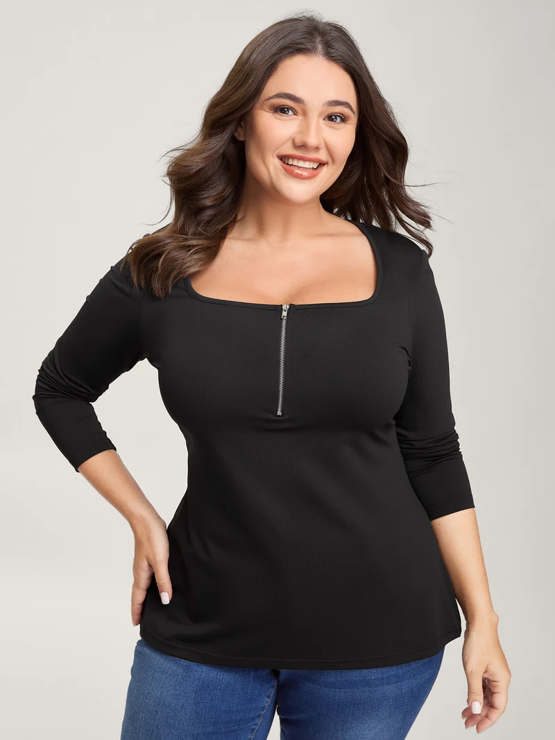 Half-Zipper Neckline Bodycon Fit T-Shirt