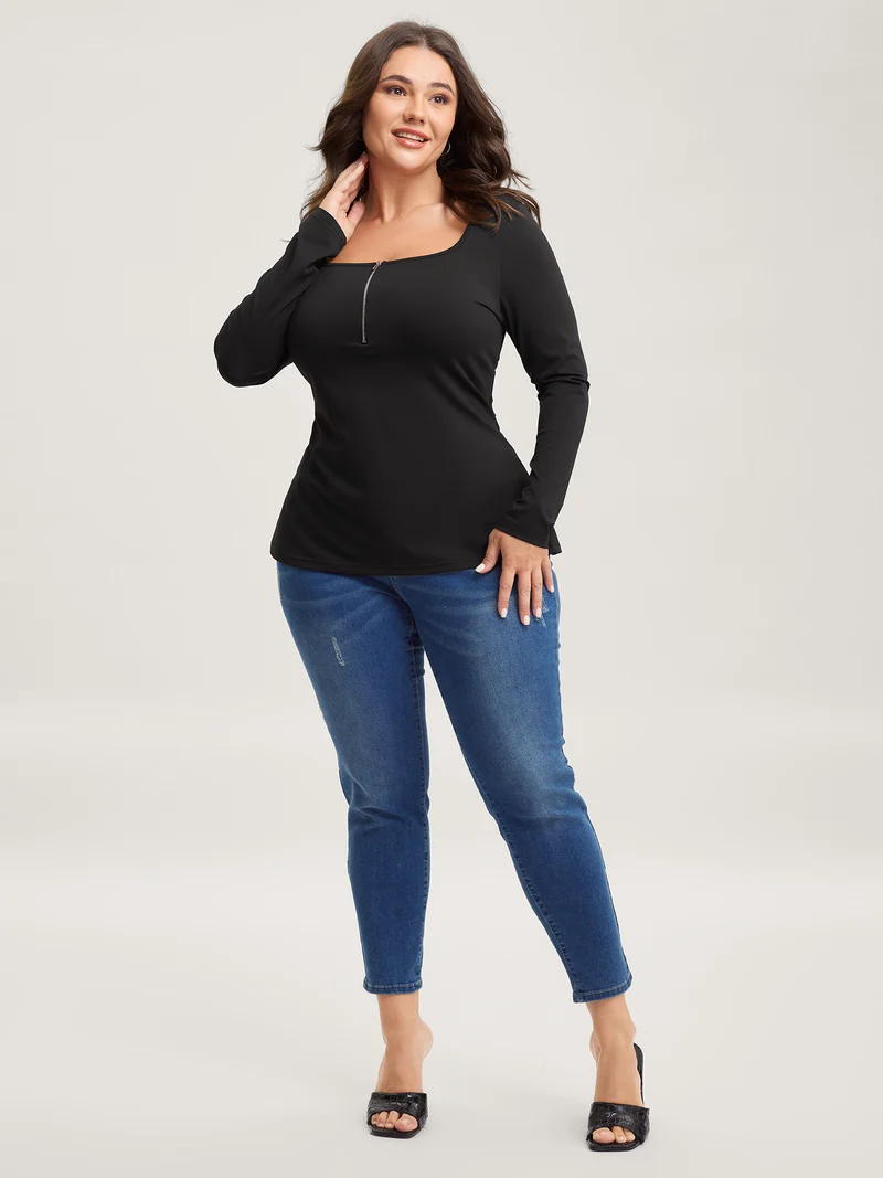 Half-Zipper Neckline Bodycon Fit T-Shirt