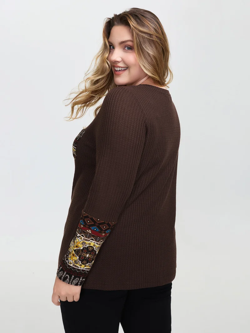 Floral Spliced Knit Textured T-Shirt