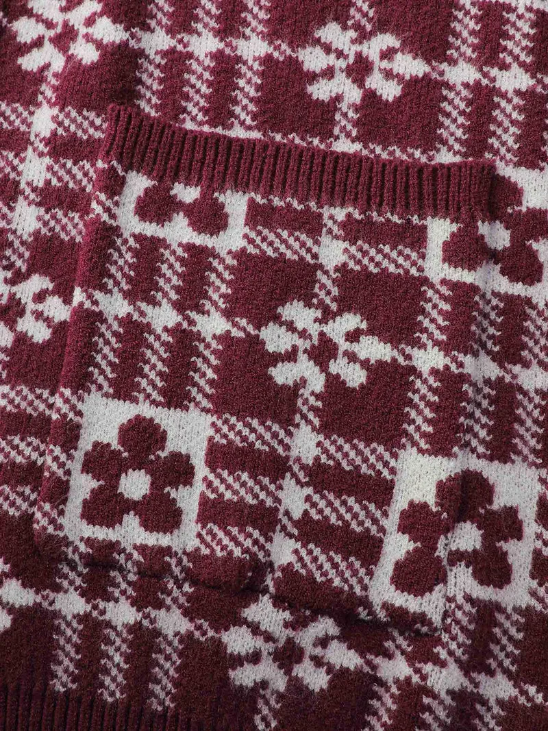 Supersoft Floral Checkered Pockets Knit Cardigan