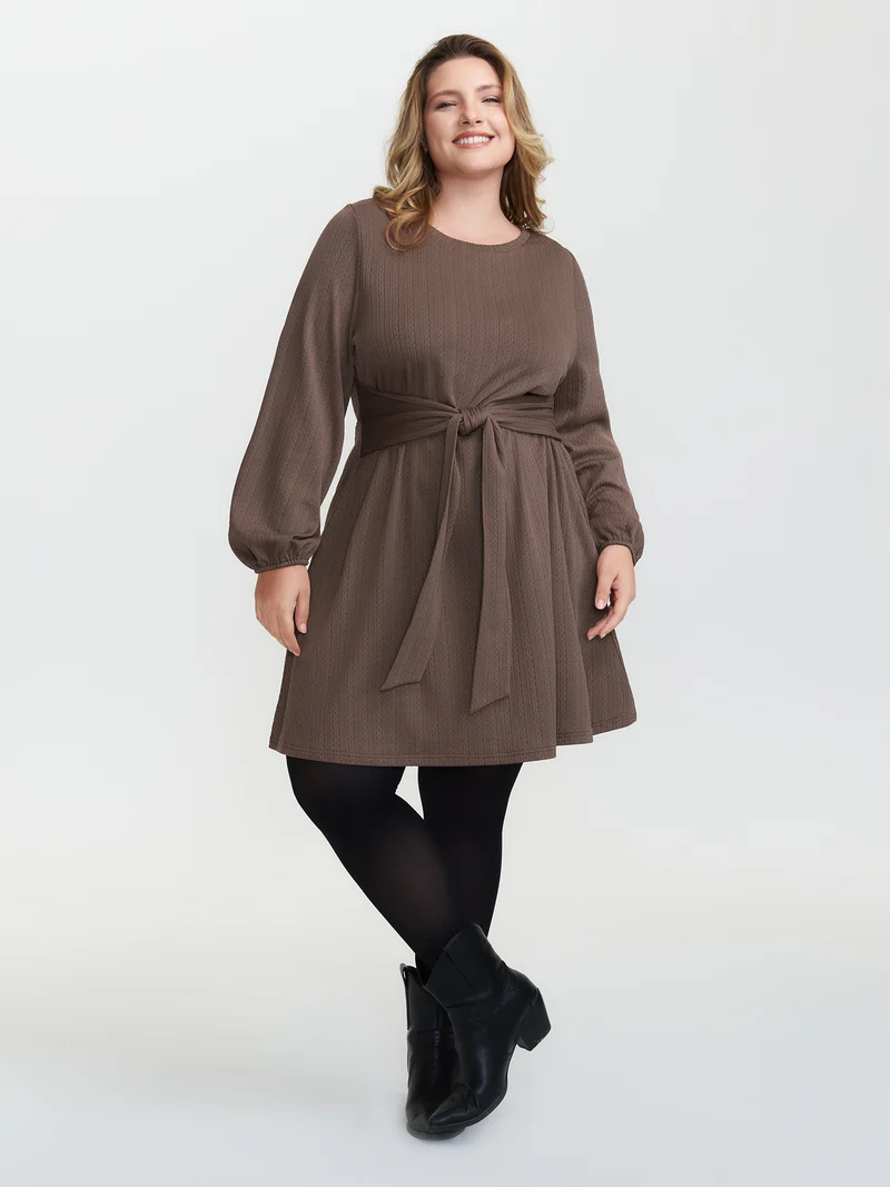 Textured Wide Waist-Tie Knee-Length Dress