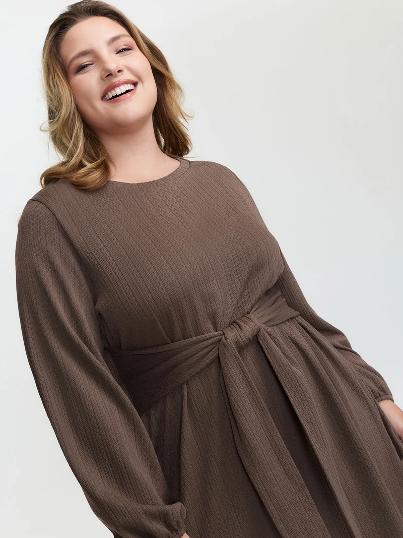 Textured Wide Waist-Tie Knee-Length Dress