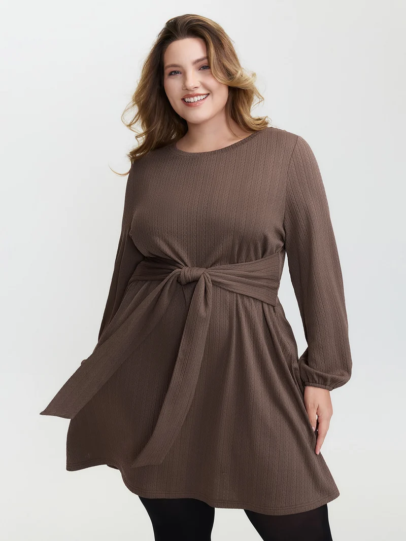 Textured Wide Waist-Tie Knee-Length Dress