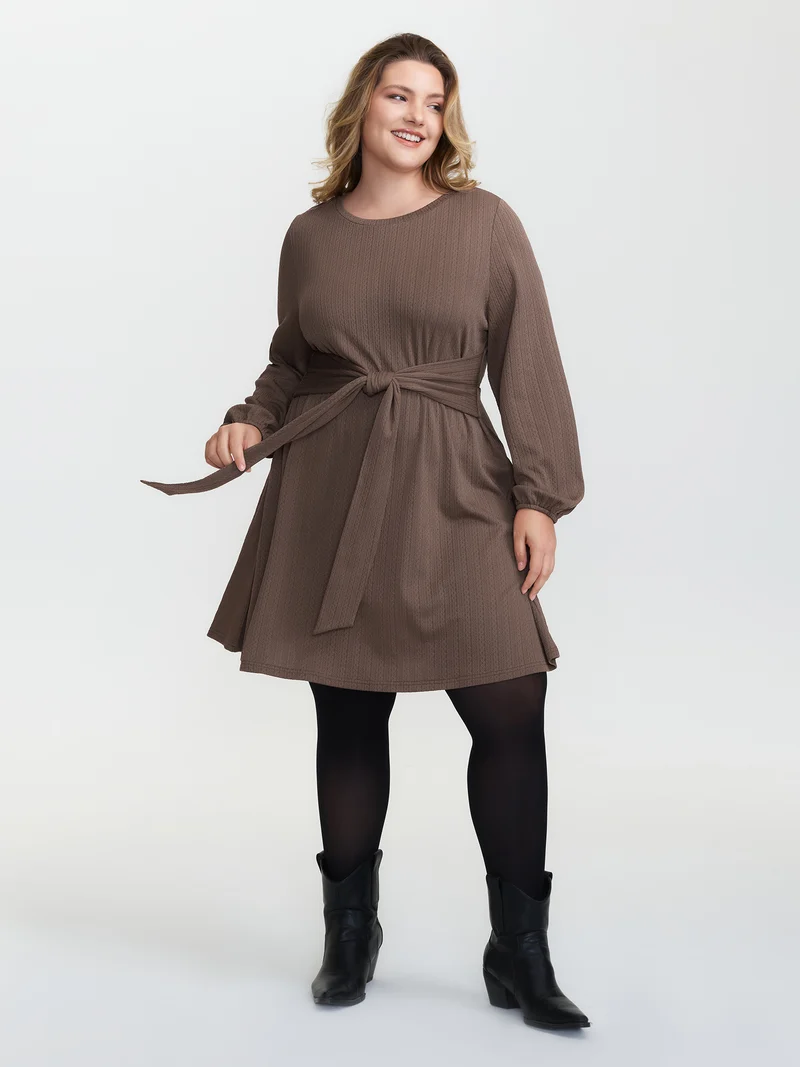 Textured Wide Waist-Tie Knee-Length Dress