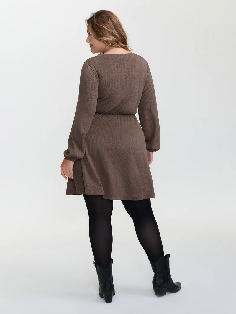Textured Wide Waist-Tie Knee-Length Dress