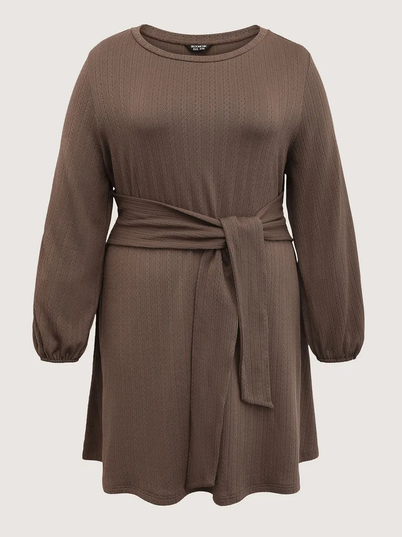 Textured Wide Waist-Tie Knee-Length Dress