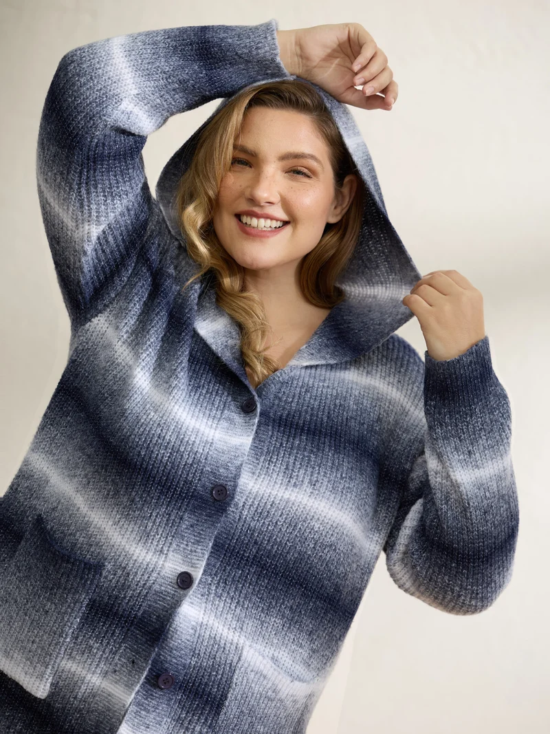 Color Gradient Textured Hooded Cardigan