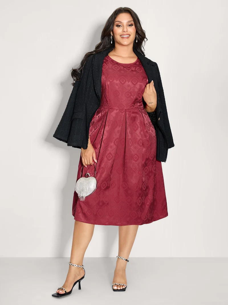 Textured Pleated Waist-Defining Midi Dress