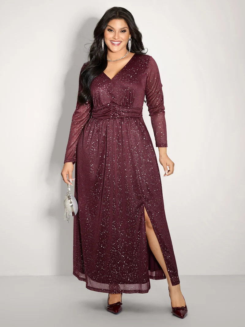 Shimmery Hot Stamp Pockets Slit Maxi Dress