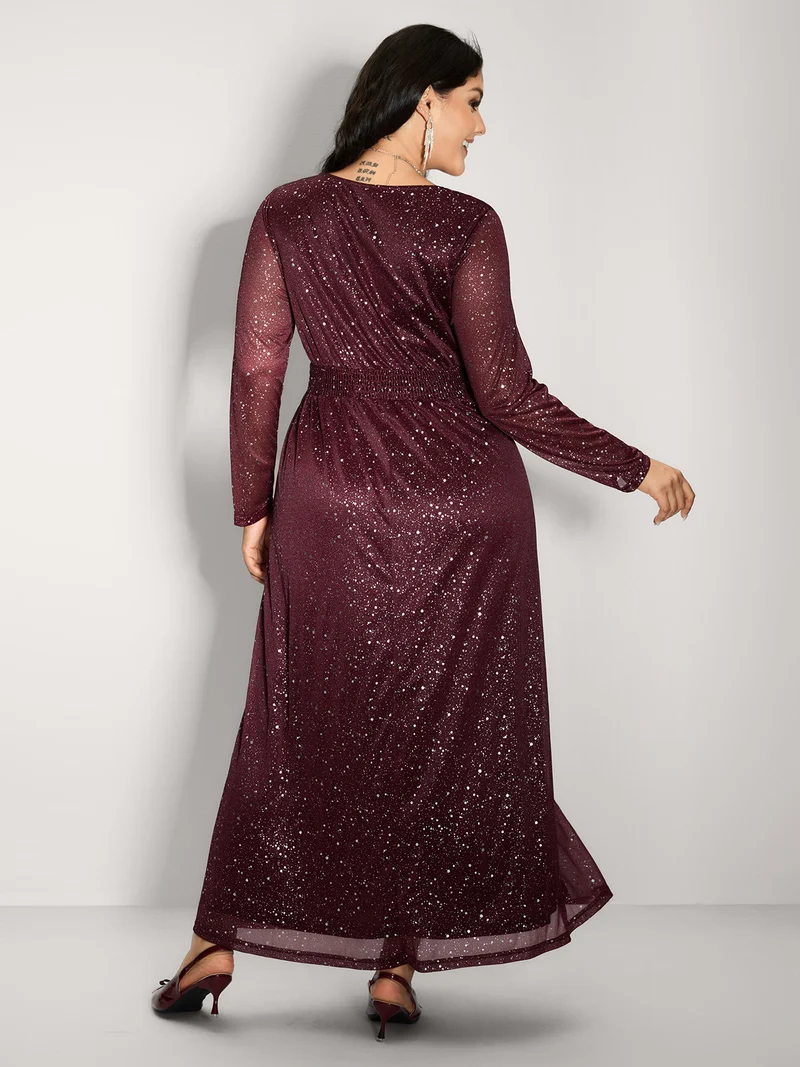 Shimmery Hot Stamp Pockets Slit Maxi Dress