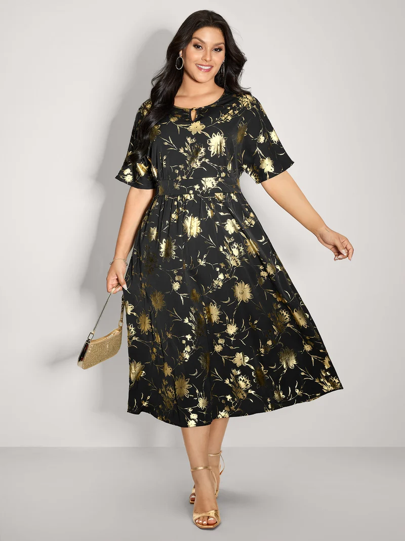 Gold Stamp Shirred Back-Waist Maxi Dress