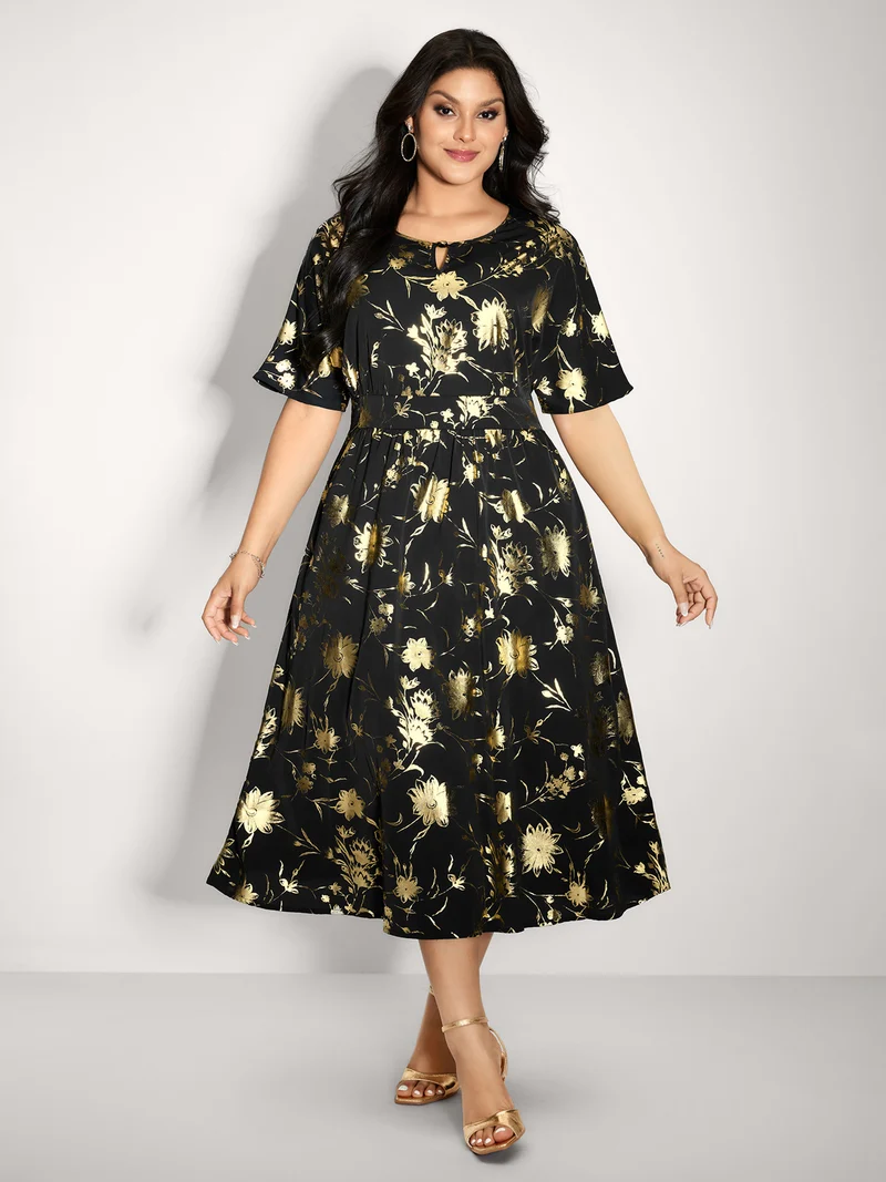 Gold Stamp Shirred Back-Waist Maxi Dress