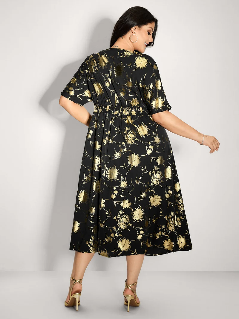 Gold Stamp Shirred Back-Waist Maxi Dress