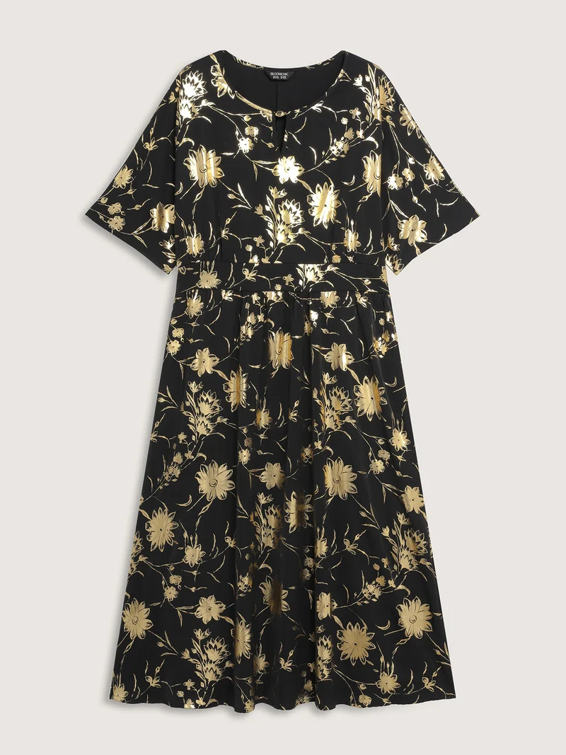 Gold Stamp Shirred Back-Waist Maxi Dress