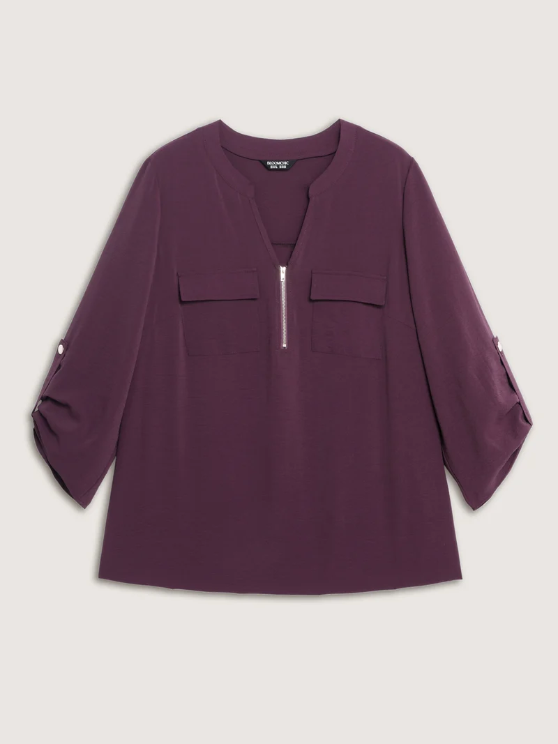 Half Zipper Tab Sleeve Blouse