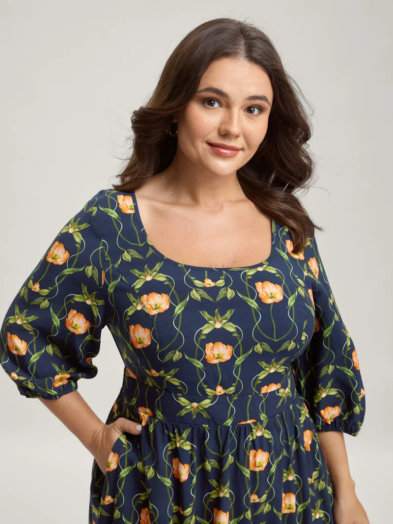 Supersoft Floral Print Shirred Midi Dress
