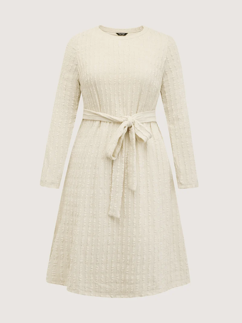 Textured Waist-Tie Stretchy Midi Dress