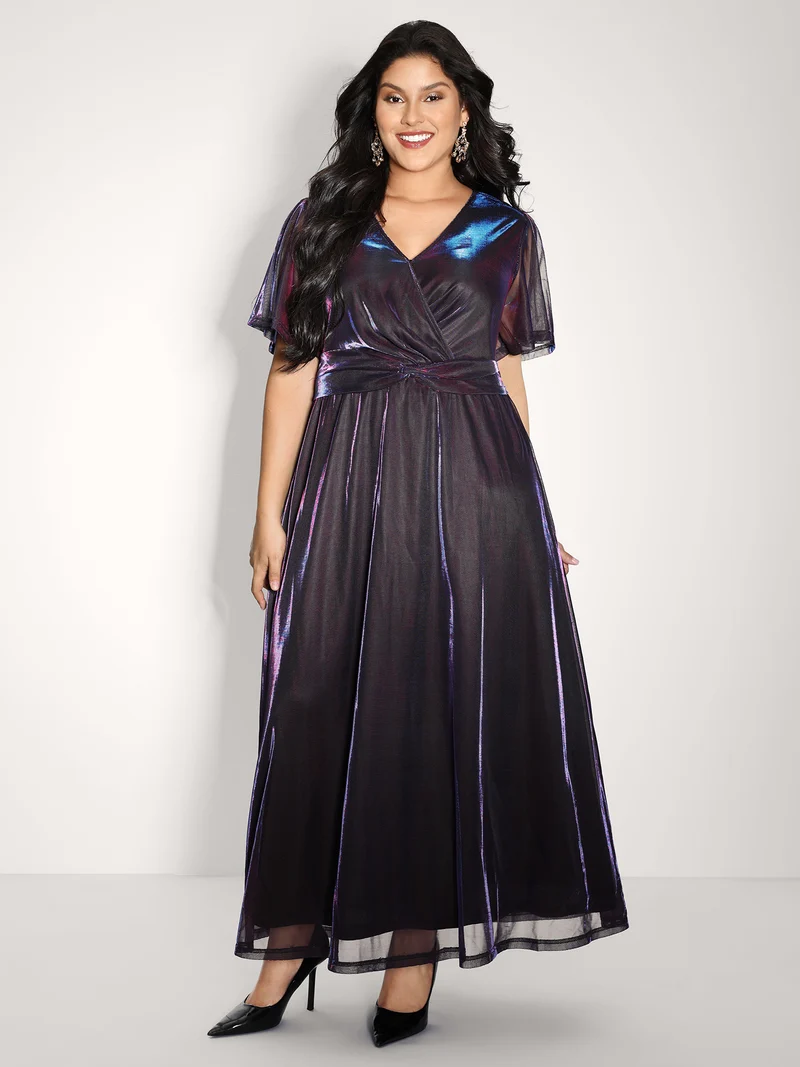 Shimmery Lined Shirred Waist Pockets Maxi Dress