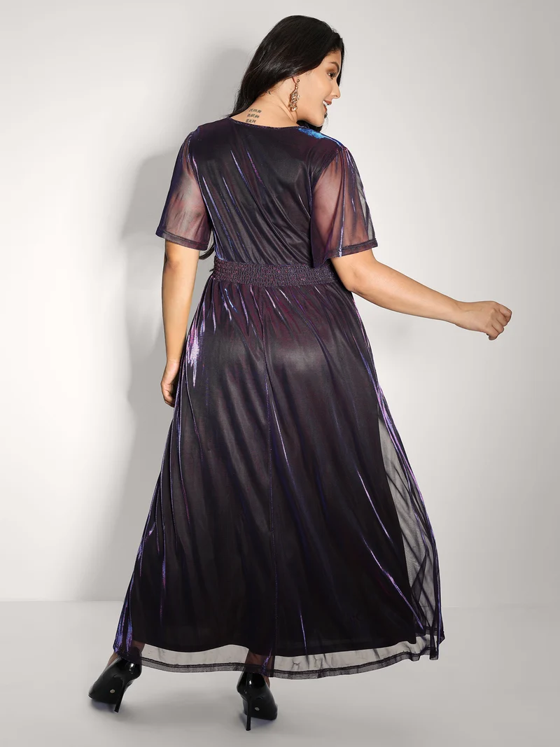 Shimmery Lined Shirred Waist Pockets Maxi Dress