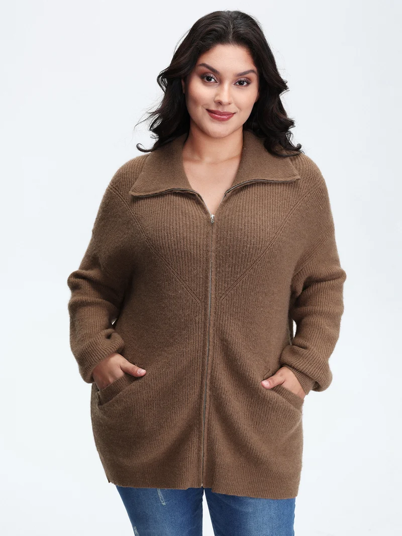 Textured Slant Pockets Zipper-Front Knit Cardigan