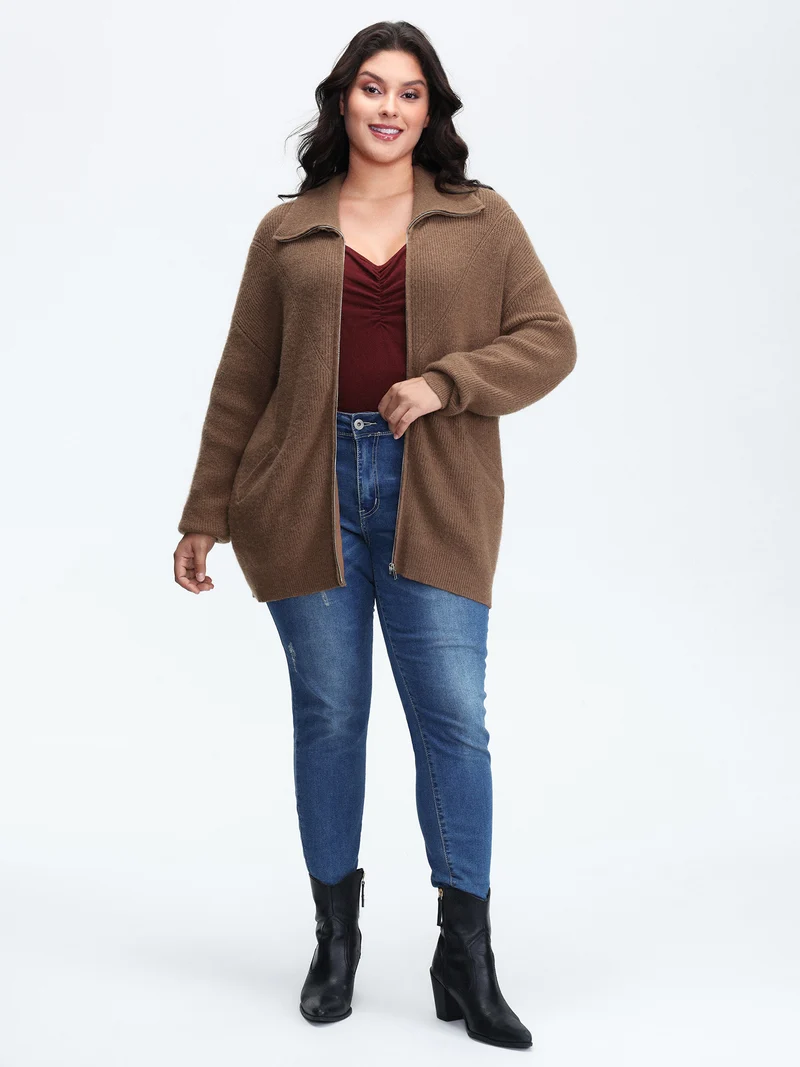 Textured Slant Pockets Zipper-Front Knit Cardigan