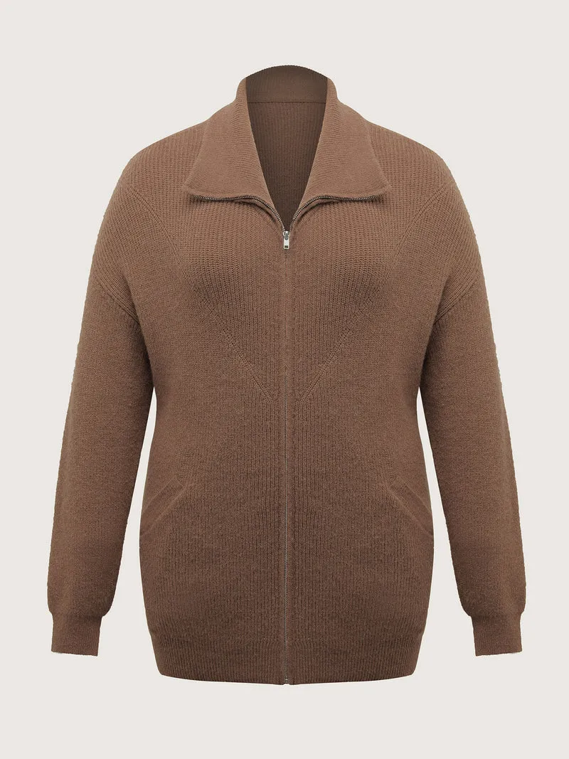 Textured Slant Pockets Zipper-Front Knit Cardigan