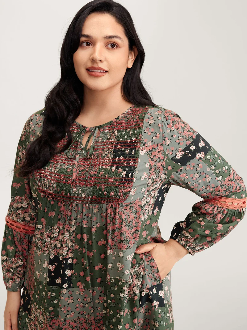 Floral Patchwork Shirred Pockets Midi Dress