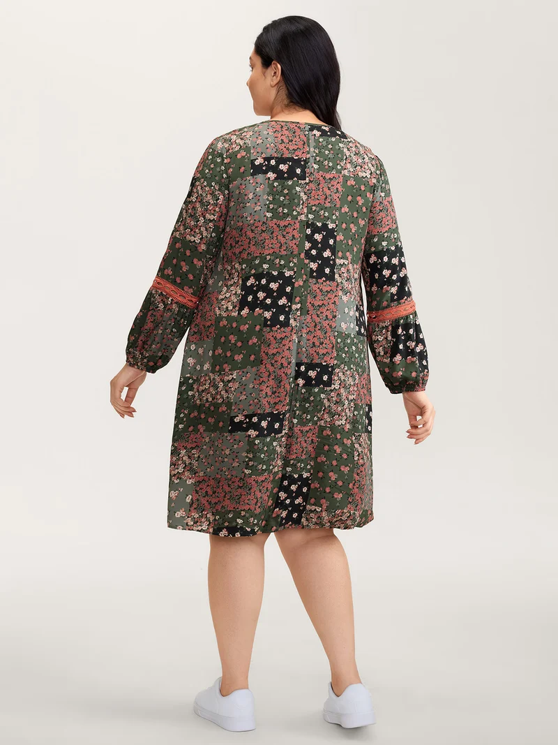 Floral Patchwork Shirred Pockets Midi Dress