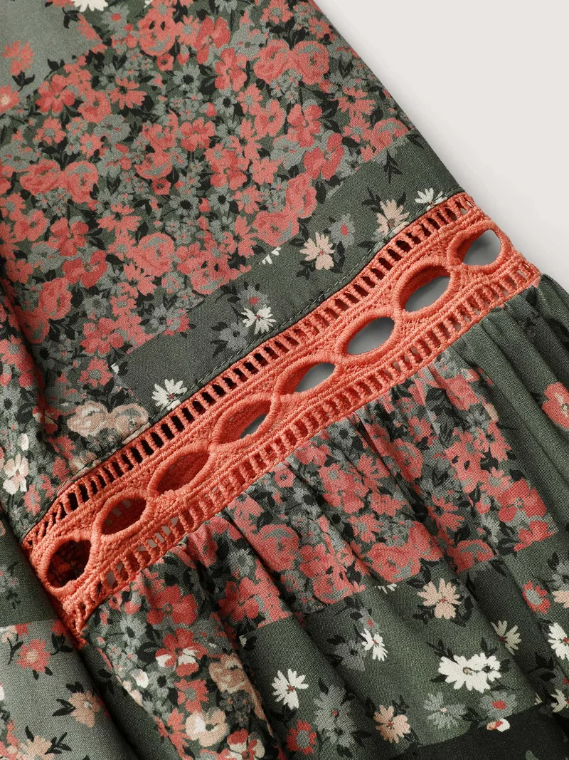 Floral Patchwork Shirred Pockets Midi Dress