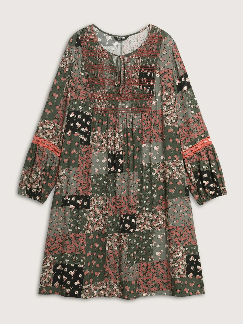 Floral Patchwork Shirred Pockets Midi Dress