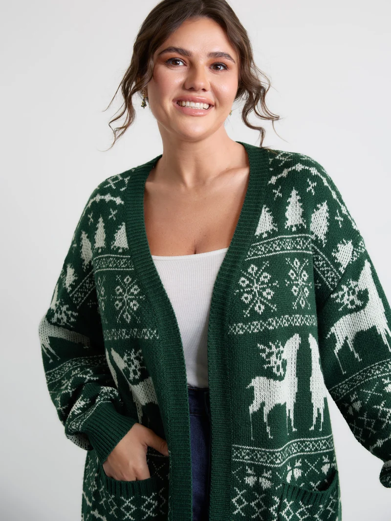 Elk Christmas Print Jacquard Open-Front Knit Cardigan